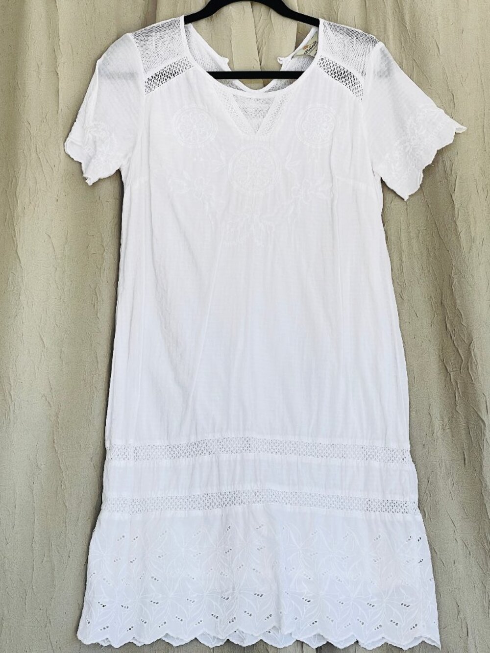 Bob Timberlake Small White Cotton Short Sleeve Lined Embroidered Boho Dress
